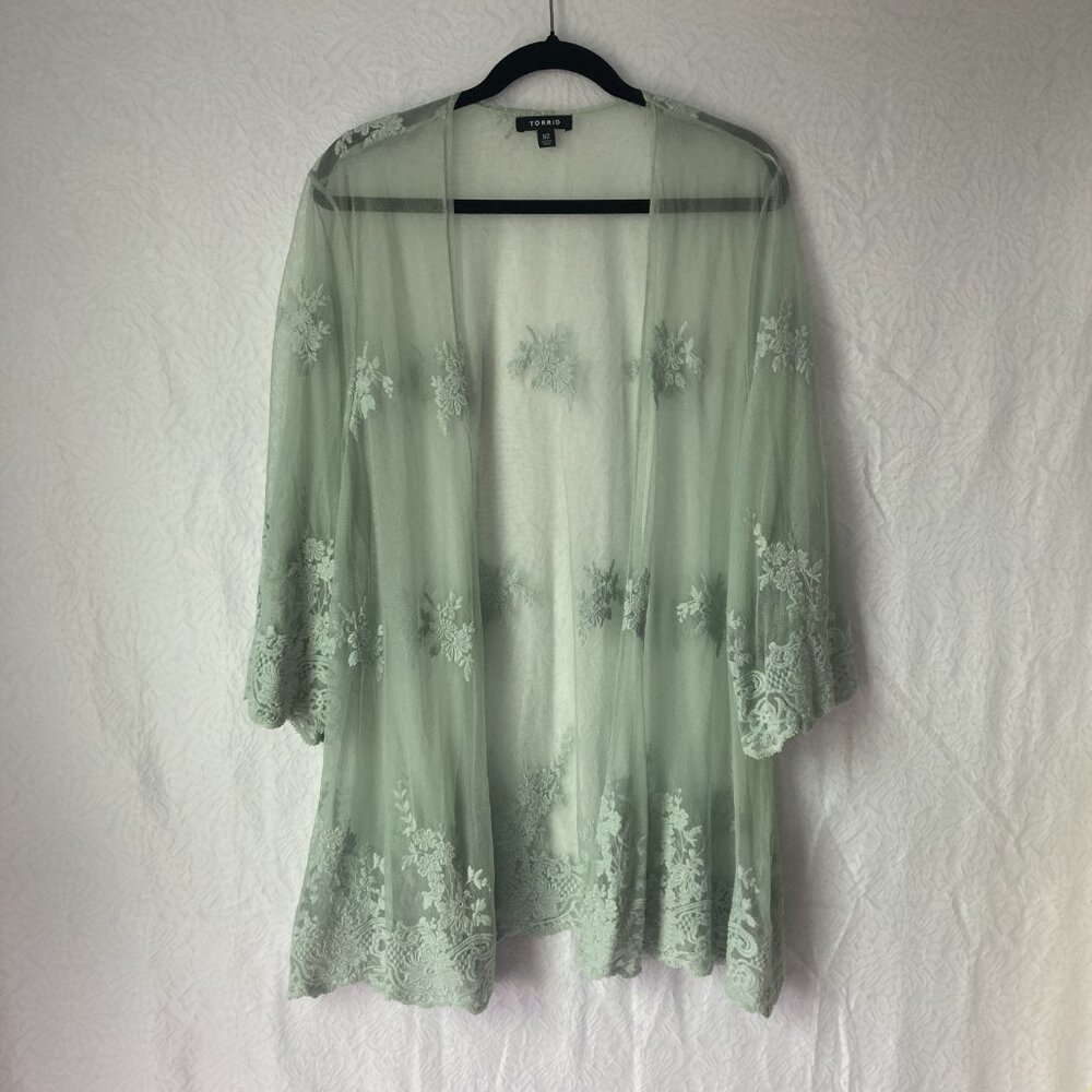 TORRID Mesh Mint Green Open Front Kimono Womens Size 2 Sheer Lace